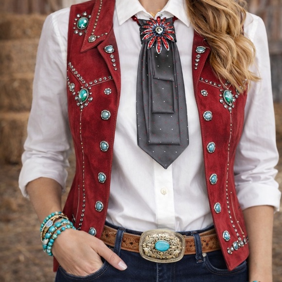 Jewelry - OOAK Necktie Necklace with Brooch and Beads Gray with Red & White Dots💥💥💥💥